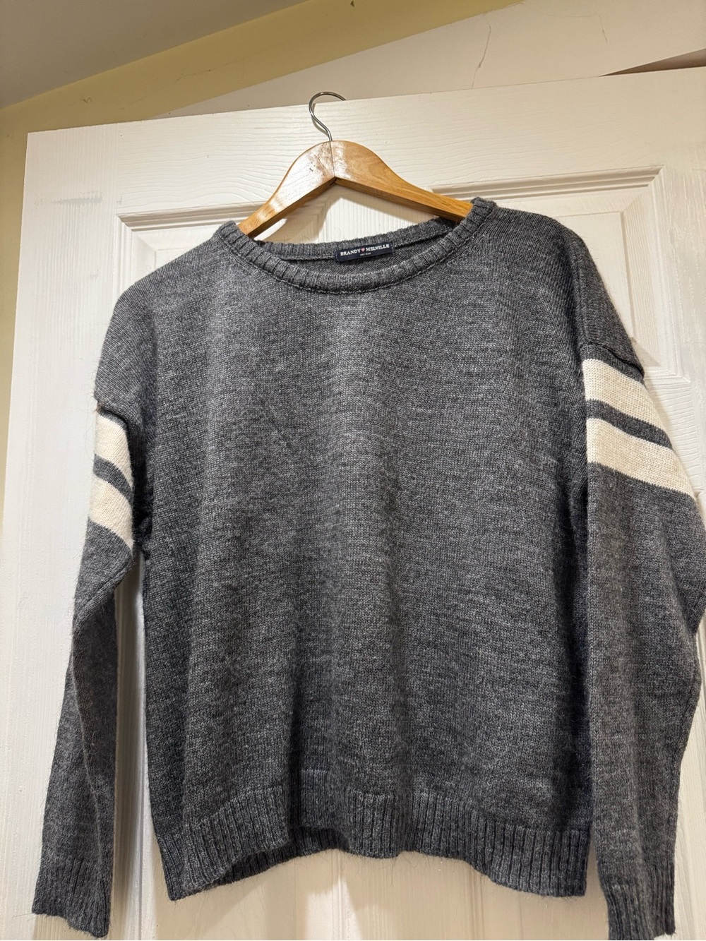 Women’s Brandy Melville Charcoal Gray Crewneck Sweater with Cream Stripe Sleeves